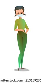 Handsome little girl in pants and sweater. Cheerful middle aged teen. Cheerful person. Standing pose. Cartoon comic flat design. Single character. Illustration isolated on white background. Vector.