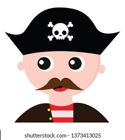 A handsome looking pirate dressed in a brown coat with yellow buttons over his red shirt with white longitudinal stripes has a long mustache and wears a blue cap that bears the head of a skeleton