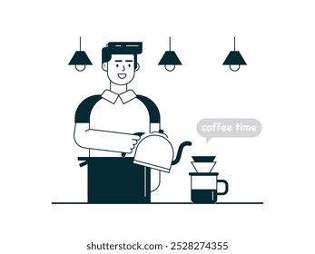 Guapo barista masculino haciendo café, trabajando en un café. Carácter de diseño. Ilustración plana de Vector