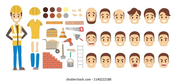 Handsome male builder character in uniform set for animation with various views, hairstyles, face emotions, poses and equipment. Isolated vector illustration