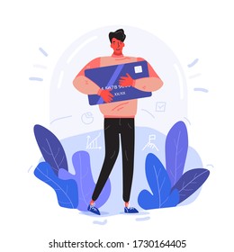 A handsome male businessman, freelancer or student holding a giant credit card in his hand. On background there are doodle of some infographic elements represent boy’s future transactions