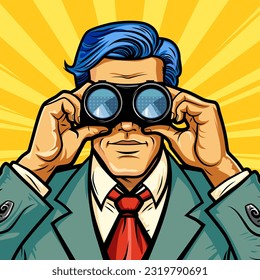 Handsome male businessman in a suit looks out through binoculars for competitors and new horizons, vector illustration in comic vintage style