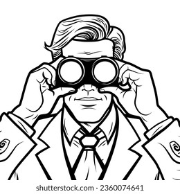 Handsome male businessman in a suit looks out through binoculars for competitors and new horizons, vector illustration in comic vintage style. Outline