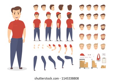 Handsome male courier character set for animation with various views, hairstyles, emotions, poses and gestures. Different equipment such as bag, boxes and clipboard. Isolated vector illustration