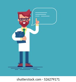 Handsome Male Doctor With Beard And Glasses Raising Up His Finger To Give Advice Or Recommendation. Cute Physician Speaking With Speech Bubble And Holding Clipboard. Colorful Flat Vector Illustration.