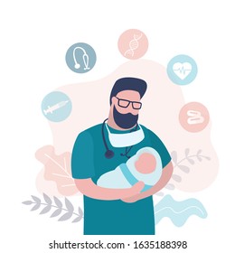 Handsome male doctor holds a newborn baby in her arms. Accoucheur in uniform holding child. Medical icons or signs. Health care banner. Trendy style vector illustration