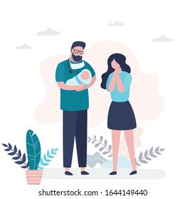 Handsome male doctor holds newborn baby in hands, happy mother standing near. Accoucheur in uniform holding child. Motherhood and childhood concept. Health care banner.Trendy style vector illustration
