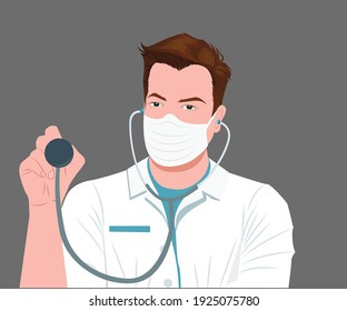 Handsome Male doctor listening with stethoscope flat design vector illustration isolated on background. Doctor wears face mask and listens through a stethoscope 