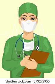 handsome male doctor or nurse in face mask taking notes