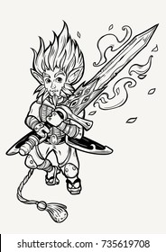 Handsome male elf character with long hair holding and magic sword. Art for print, posters, t-shirts and textiles. Isolated vector illustration.