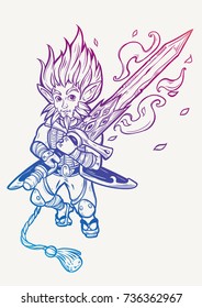 Handsome male elf character with long hair holding and magic sword. Art for print, posters, t-shirts and textiles. Isolated vector illustration.