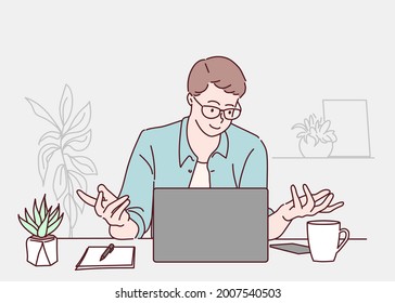 Handsome Male Freelancer Working On Laptop At Desk In Home Office. Freelancer working at home concept. Hand drawn in thin line style, vector illustrations.