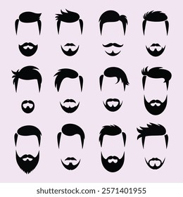 Handsome male haircut vector set with retro gentleman portraits showcasing stylish mustaches urban haircuts and curly beard styles perfect for modern designs