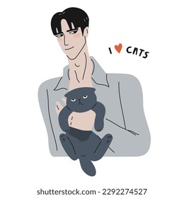 Handsome male holding cute cat  I love cats illustration  Clip art  wall art  Isolated white background  K  pop style 