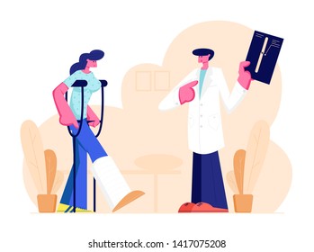 Handsome Male Medical Doctor Listening to Beautiful Female Patient Standing on Crutches with Broken Leg Showing X-ray Picture with Limb Fracture. Healthcare, Hospital Cartoon Flat Vector Illustration