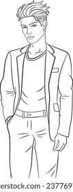 Handsome Male Model for Coloring. Vector Illustration of a Stylish Young Man. Fashion model Posing. Urban casual style
