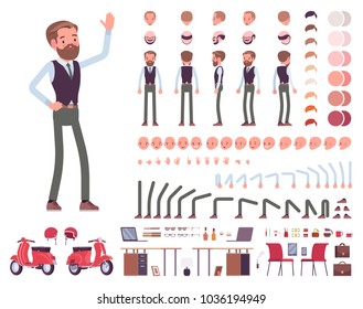Handsome male office employee character creation set. Full length, different views, emotions, gestures. Business casual fashion. Build your own design. Cartoon flat-style infographic illustration
