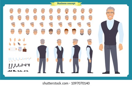 Handsome male office employee character creation set. Full length, different views, emotions, gestures. Business casual fashion. Build your own design. Cartoon flat-style infographic illustration