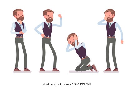 Handsome male office employee, feeling negative emotions, hate his job, tired with work, angry. Business casual men fashion concept. Vector flat style cartoon illustration isolated, white background