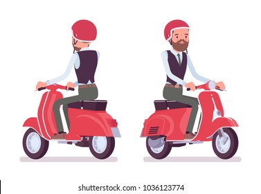 Handsome male office employee riding a light two-wheeled red motor vehicle. Business casual men fashion concept. Vector flat style cartoon illustration isolated, white background, front, rear view