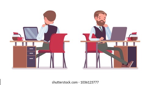 Handsome male office employee sitting at desk, working with laptop, workplace. Business casual men fashion concept. Vector flat style cartoon illustration isolated, white background, front, rear view