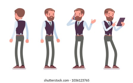 Handsome male office employee standing, talking to phone, working with tablet. Business casual men fashion concept. Vector flat style cartoon illustration isolated, white background, front, rear view