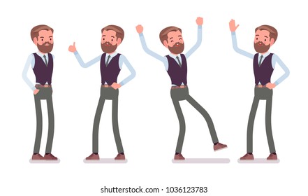 Handsome male office employee standing, feeling positive emotions, enjoy his career success. Business casual men fashion concept. Vector flat style cartoon illustration isolated, white background