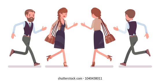 Handsome male and pretty female office employee running, in hurry to work, busy. Business casual fashion concept. Vector flat style cartoon illustration isolated, white background, front, rear view