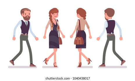 Handsome male and pretty female office employee walking to work, busy at job. Business casual fashion concept. Vector flat style cartoon illustration isolated, white background, front, rear view