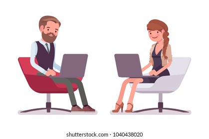 Handsome male and pretty female office employee sitting working with laptop. Business casual fashion concept. Vector flat style cartoon illustration isolated, white background