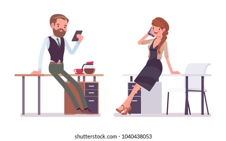 Handsome male and pretty female office employee near a desk, working with phone. Business casual fashion concept. Vector flat style cartoon illustration isolated, white background