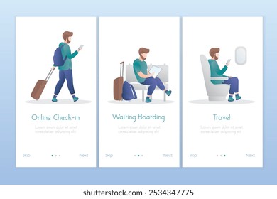 Guapo viajero masculino con equipaje. Conjunto de tres carteles de Plantilla para el App móvil. Muchos turistas hipster en línea check in, esperando embarque y viaje. Ilustración vectorial de estilo de moda