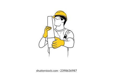 Handsome male worker wearing a safety helmet and work overalls while carrying a wooden board on his shoulder Flat vector illustration