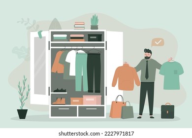 Handsome man adds new clothes to closet, after shopping for fashion items. Wardrobe, organizing space for clothing. Shelves with apparel and outfit, accessories and boots. flat vector illustration