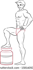 The handsome man of an athletic constitution in red brief pants advertises protein drinks. Vector two color picture/Man and protein drinks 