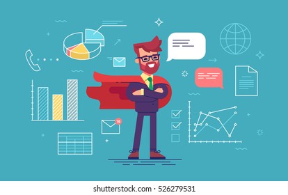 Handsome man with beard in a business suit and red cape superhero standing in a confident pose with his arms crossed with office process icons on background. Modern flat design. Vector illustration.