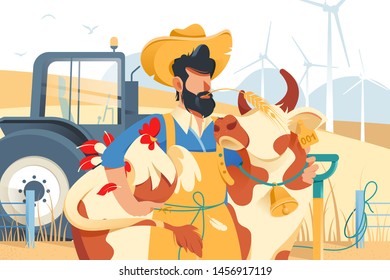 Handsome man with beard, cow and chicken at farm. Concept businessman farmer character with animals, vehicle and equipment for field work. Vector illustration.