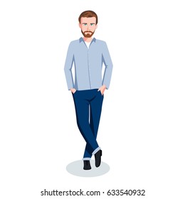 Handsome man beard face in jeans with hands in pocket vector illustration