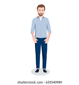 Handsome man beard face in jeans vector illustration