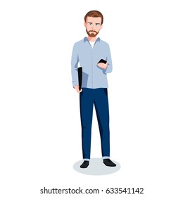 Handsome man beard face in jeans with mobile and laptop vector illustration