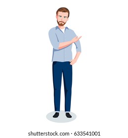 Handsome man beard face pointing hand in jeans vector illustration