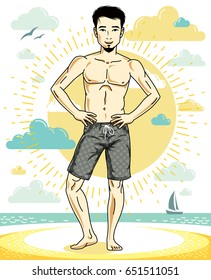 Handsome man with beard standing on tropical beach and wearing beachwear shorts. Vector human illustration. Summer vacation theme.
