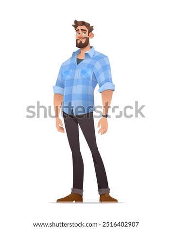 Handsome man with beard standing in a relaxed posture and smiling. He wear a blue checkered shirt, dark pants and brown shoes. Cartoon character. Casual outfit. Flat vector illustration