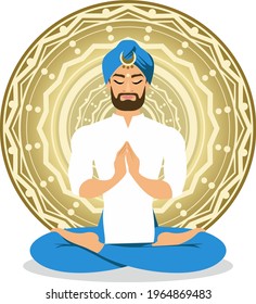Handsome man with beard in turban meditates on mandala background
