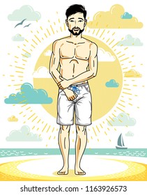 Handsome man with beard and whiskers standing on tropical beach and wearing beachwear shorts. Vector human illustration. Summer vacation theme.