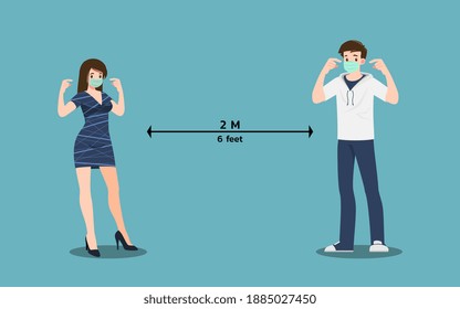 Handsome man and Beautiful woman who wear surgical mask show and prove that they were safe in public. Social distancing to save people from coronavirus, covid-19 outbreak.