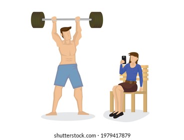 Handsome man with big muscles, posing for a female with a camera in the gym. Vector illustration.