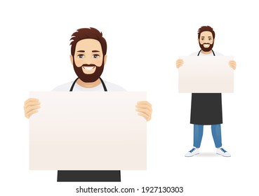 Handsome man in black apron presenting something holding empty blank board or paper isolated vector illustration