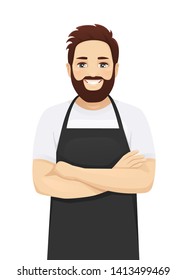 Handsome man in black apron standing with arms crossed isolated vector illustration