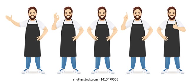 Handsome man in black apron standing with different gestures set isolated vector illustration